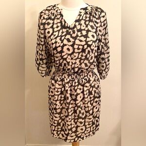 Express Tan Black Animal Print Long Sleeve Smocked Waist Lined Mini Dress SZ XS